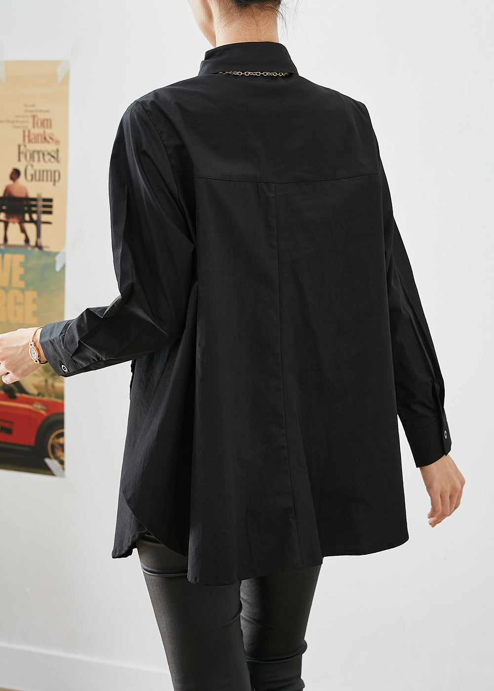 DIY Black Asymmetrical Patchwork Cotton Shirt Tops Fall Ada Fashion