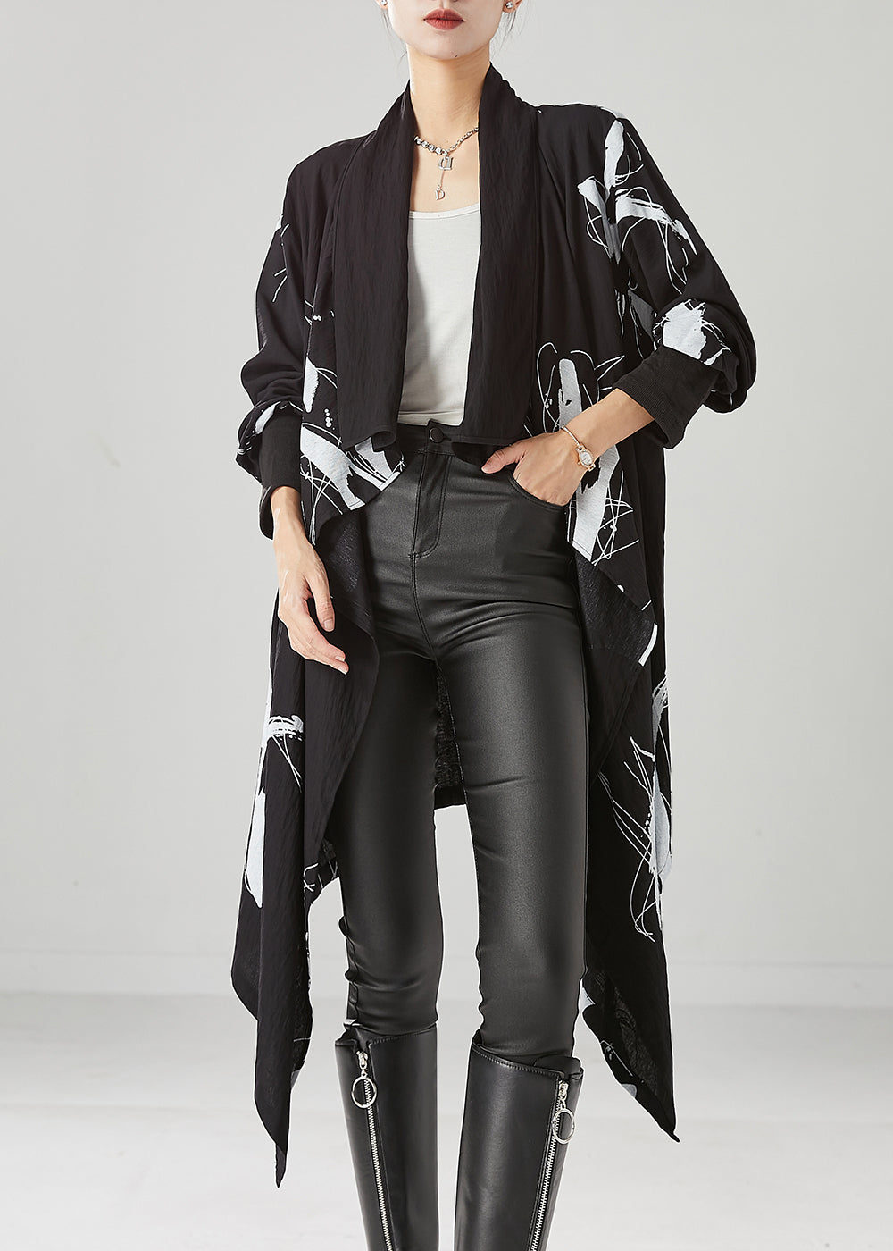 DIY Black Asymmetrical Print Cotton Cardigans Fall Ada Fashion