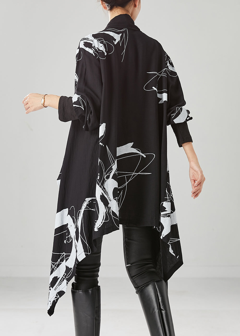 DIY Black Asymmetrical Print Cotton Cardigans Fall Ada Fashion