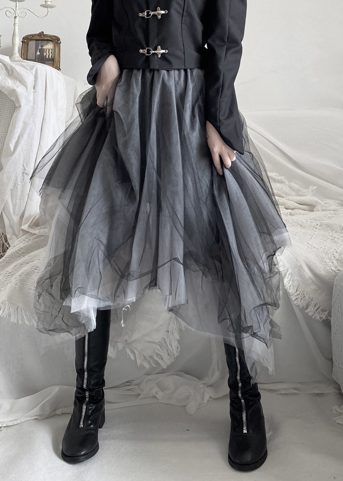 DIY Black Asymmetrical Wrinkled Solid Tulle A Line Skirt Fall Ada Fashion