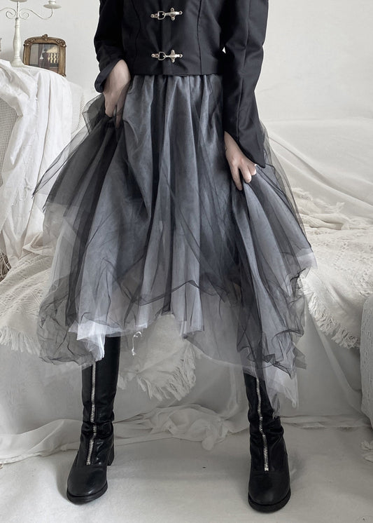 DIY Black Asymmetrical Wrinkled Solid Tulle A Line Skirt Fall Ada Fashion