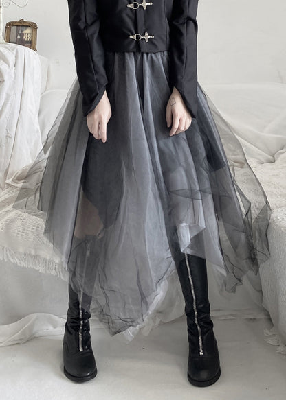 DIY Black Asymmetrical Wrinkled Solid Tulle A Line Skirt Fall Ada Fashion