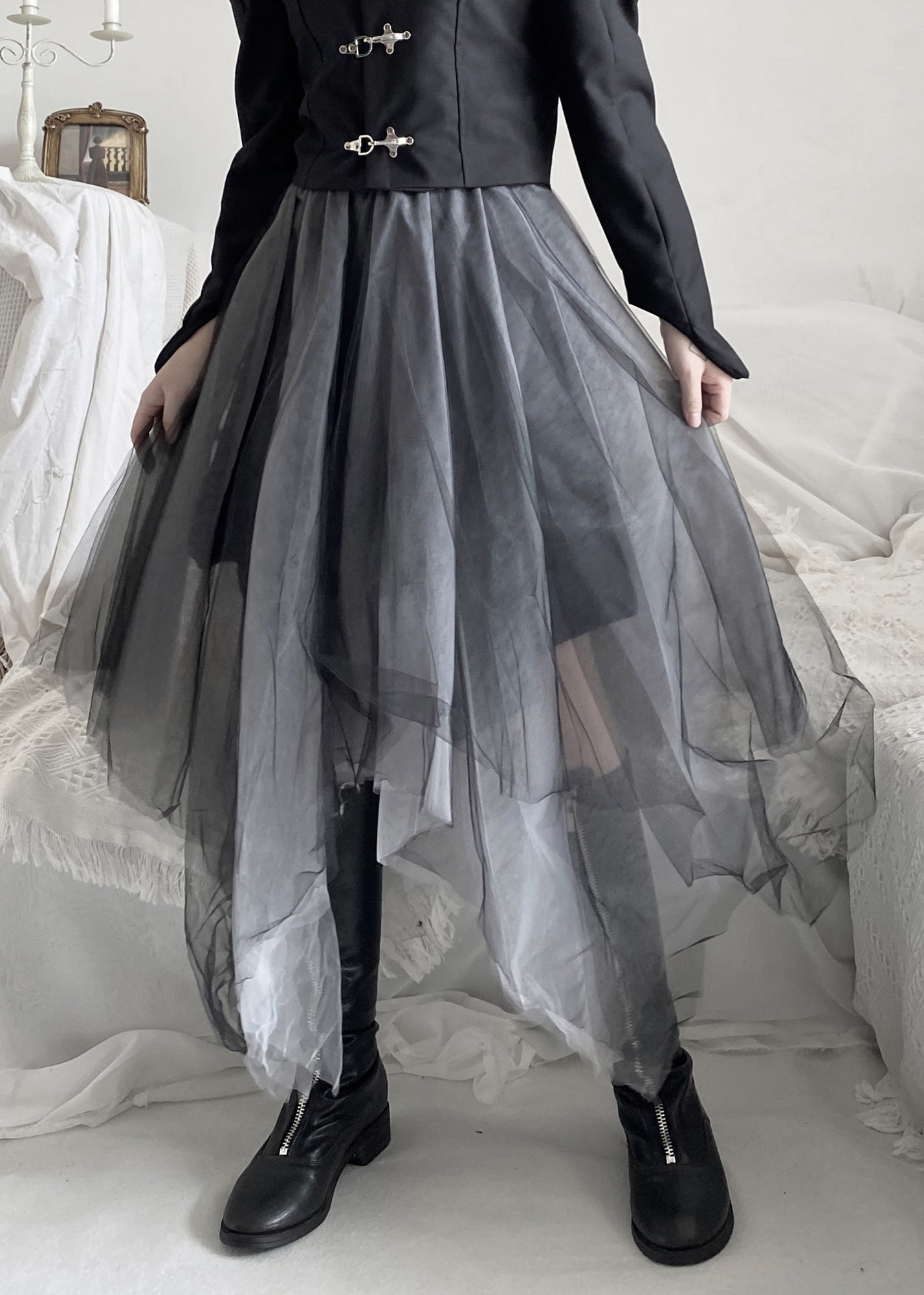 DIY Black Asymmetrical Wrinkled Solid Tulle A Line Skirt Fall Ada Fashion