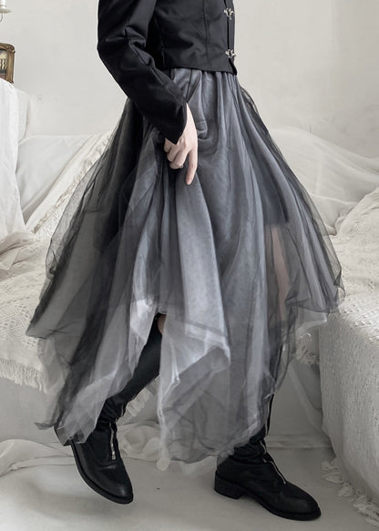 DIY Black Asymmetrical Wrinkled Solid Tulle A Line Skirt Fall Ada Fashion