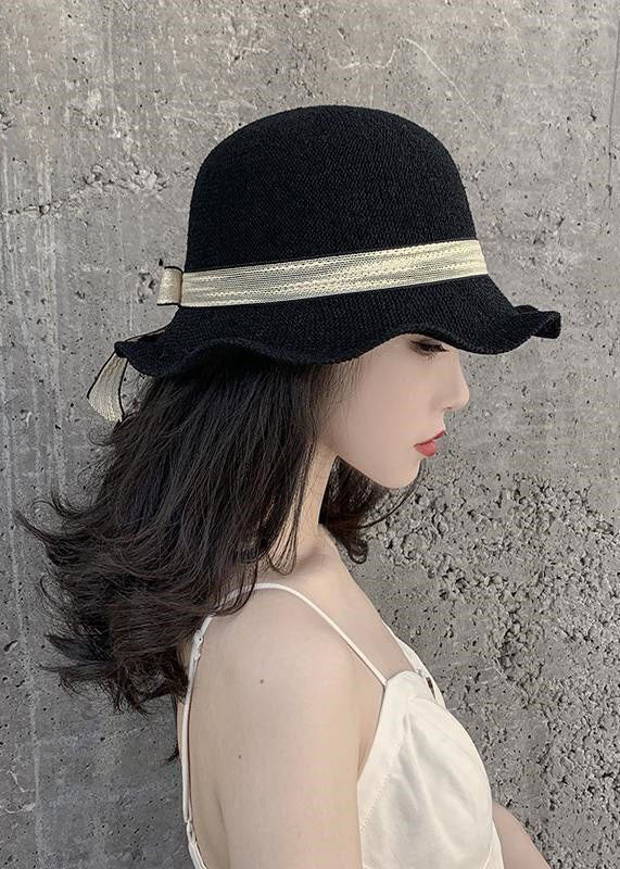 DIY Black Bow Patchwork Straw Woven Bucket Hat LC0548