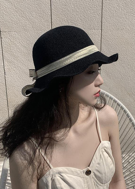 DIY Black Bow Patchwork Straw Woven Bucket Hat LC0548 - fabuloryshop