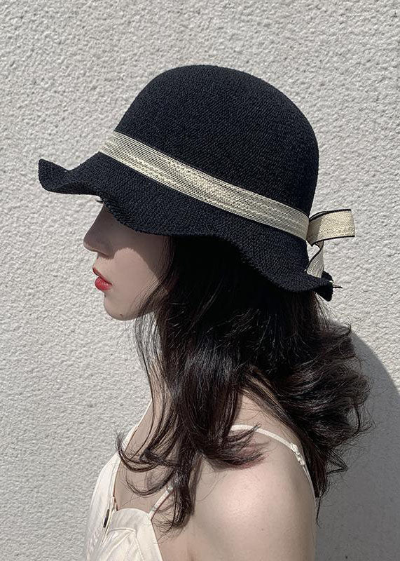 DIY Black Bow Patchwork Straw Woven Bucket Hat LC0548 - fabuloryshop