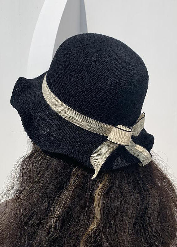 DIY Black Bow Patchwork Straw Woven Bucket Hat LC0548 - fabuloryshop