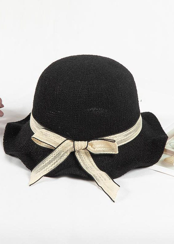 DIY Black Bow Patchwork Straw Woven Bucket Hat LC0548