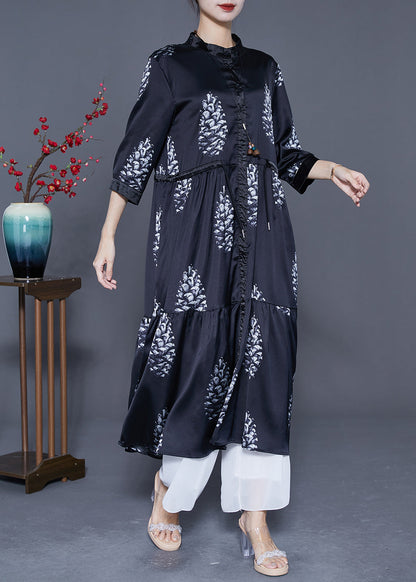 DIY Black Cinched Patchwork Print Silk Long Dress Summer LY5392 - fabuloryshop