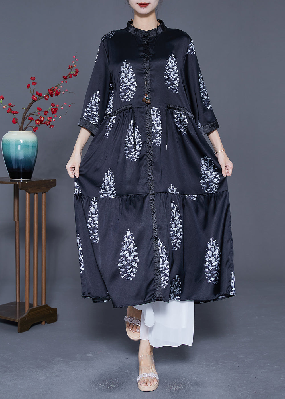 DIY Black Cinched Patchwork Print Silk Long Dress Summer LY5392 - fabuloryshop