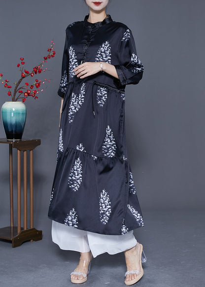 DIY Black Cinched Patchwork Print Silk Long Dress Summer LY5392 - fabuloryshop