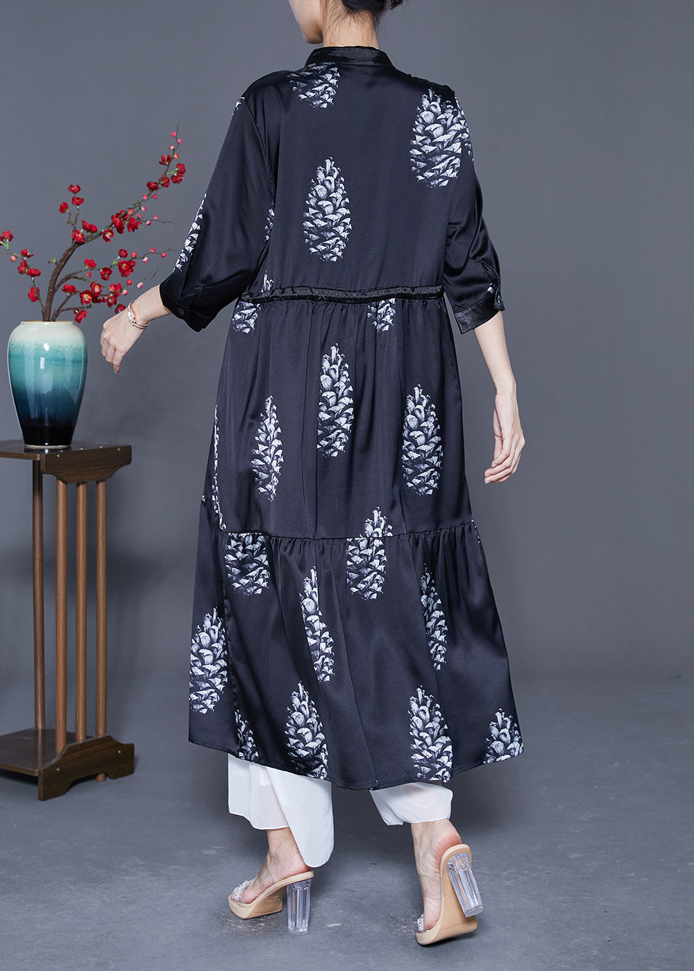 DIY Black Cinched Patchwork Print Silk Long Dress Summer LY5392 - fabuloryshop