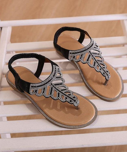 DIY Black Faux Leather Flip Walking Sandals Splicing Zircon LY4357 - fabuloryshop