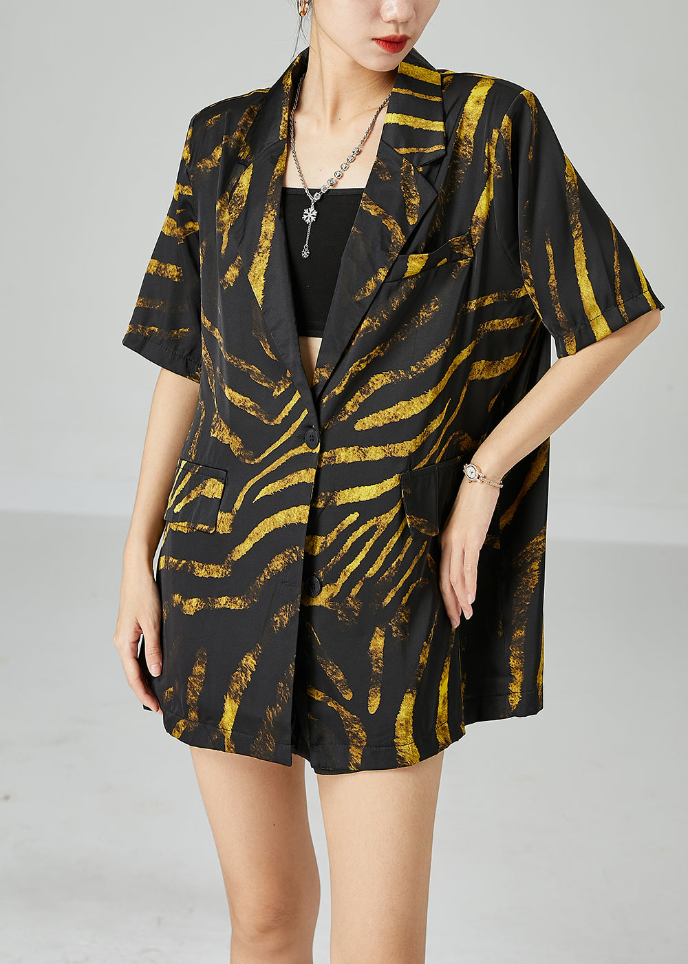 DIY Black Notched Oversized Print Cotton Coat Short Sleeve LY2464 - fabuloryshop