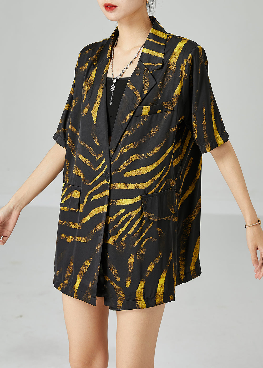 DIY Black Notched Oversized Print Cotton Coat Short Sleeve LY2464 - fabuloryshop