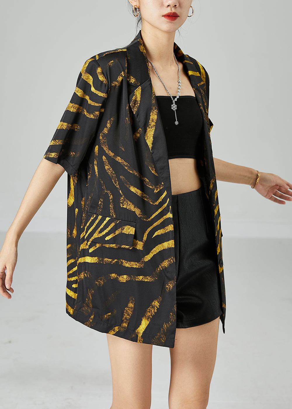DIY Black Notched Oversized Print Cotton Coat Short Sleeve LY2464 - fabuloryshop