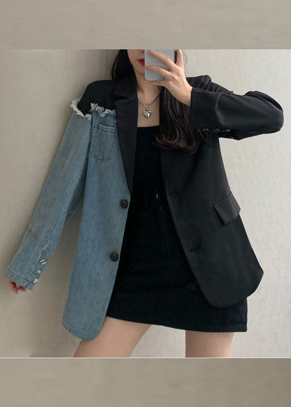 DIY Black Notched Pockets Asymmetrical Denim Patchwork Coats Long Sleeve Ada Fashion