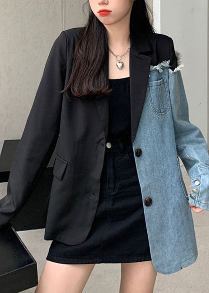 DIY Black Notched Pockets Asymmetrical Denim Patchwork Coats Long Sleeve Ada Fashion