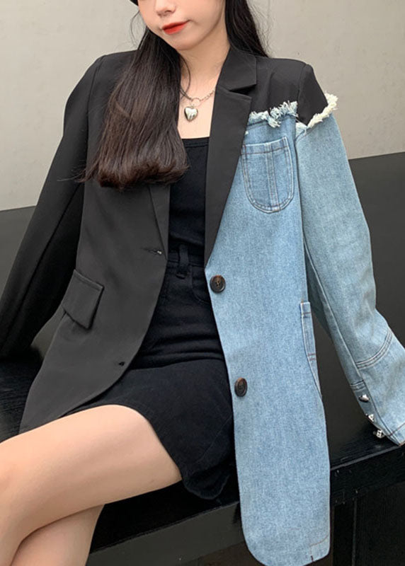 DIY Black Notched Pockets Asymmetrical Denim Patchwork Coats Long Sleeve Ada Fashion