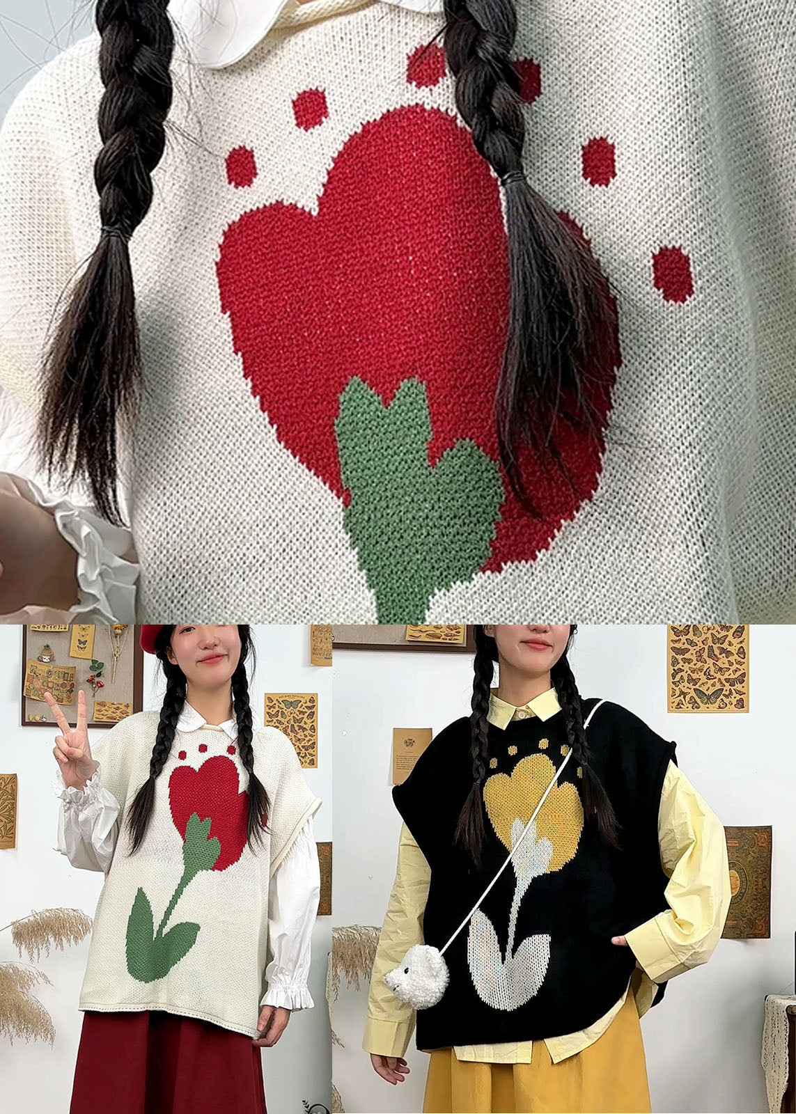 DIY Black O-Neck Floral Knit Waistcoat Fall Ada Fashion