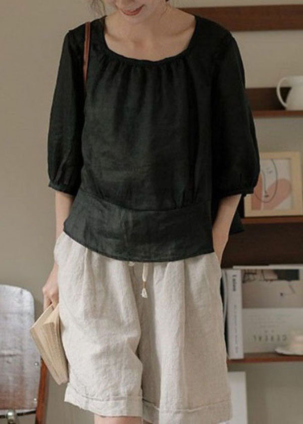 DIY Black O Neck Patchwork Back Side Open Linen Shirt Top Summer LY4043 - fabuloryshop