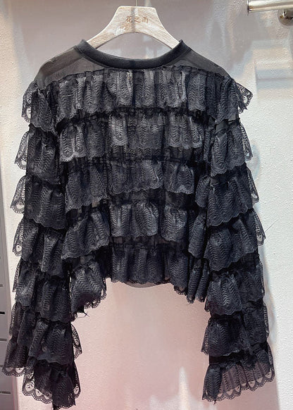 DIY Black O Neck Ruffled Layered Patchwork Lace Blouses Long Sleeve Ada Fashion