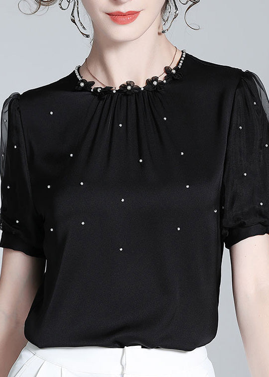 DIY Black O-Neck Silk Nail Bead Shirts Summer LY0706