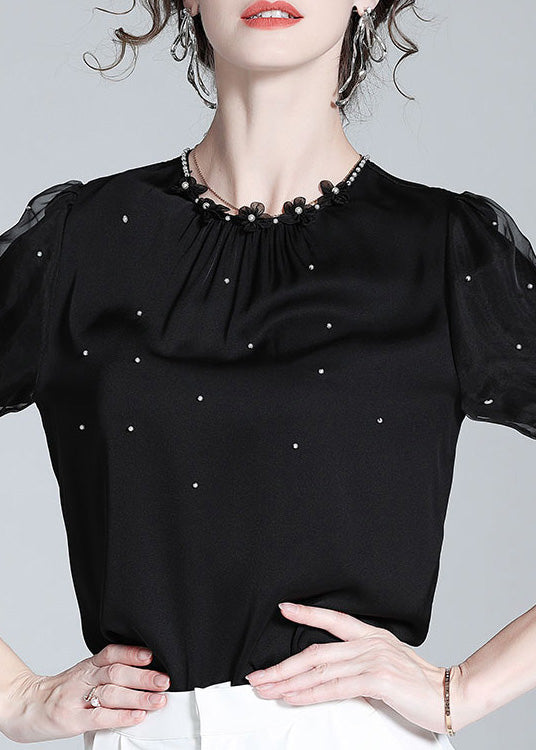 DIY Black O-Neck Silk Nail Bead Shirts Summer AC3012 - fabuloryshop