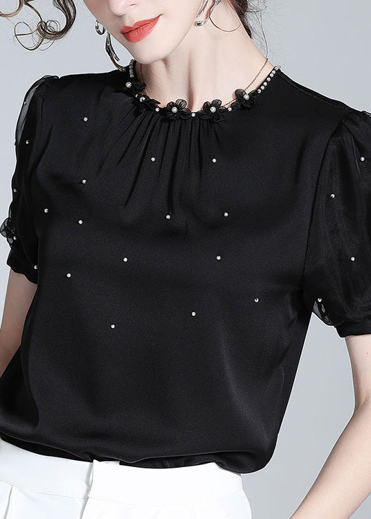 DIY Black O-Neck Silk Nail Bead Shirts Summer AC3012 - fabuloryshop