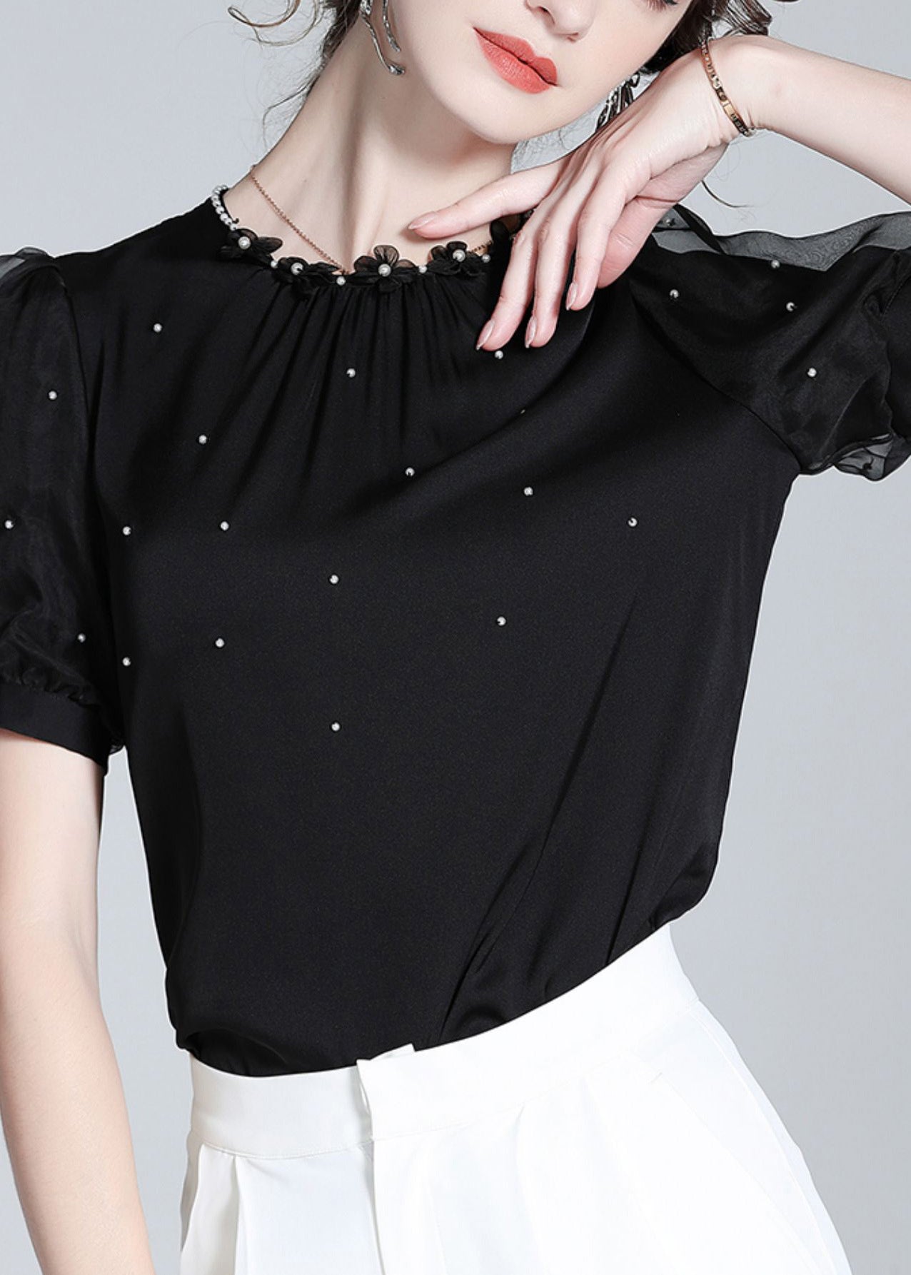 DIY Black O-Neck Silk Nail Bead Shirts Summer AC3012 - fabuloryshop