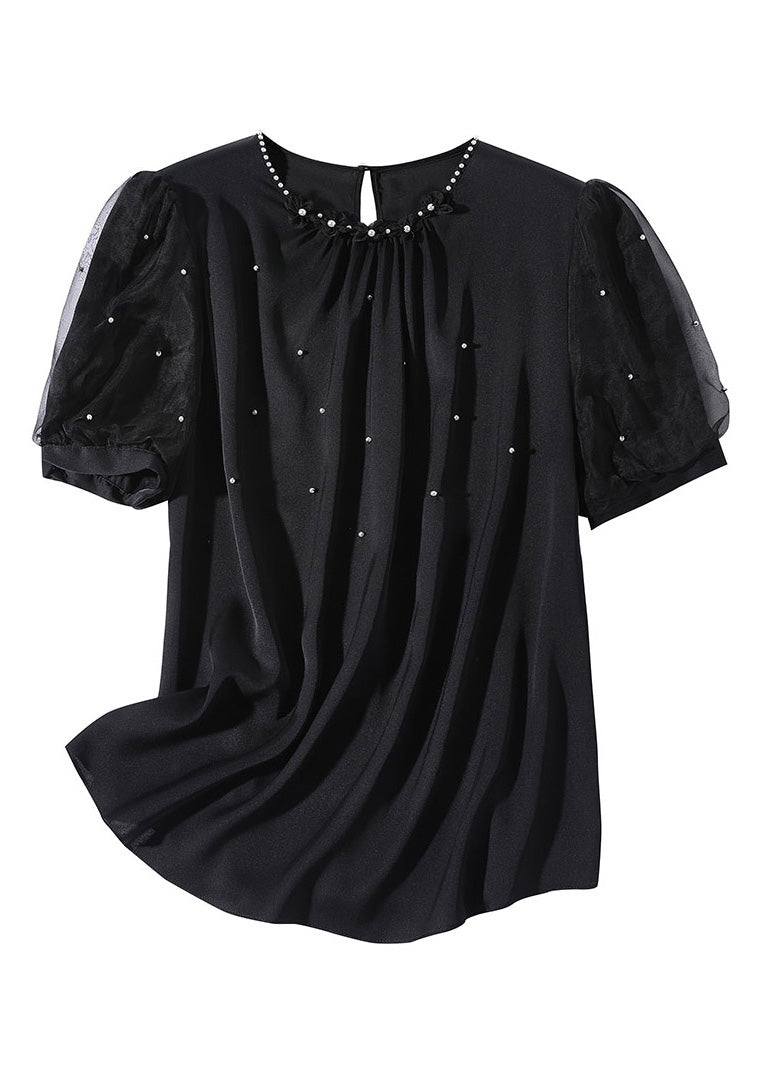 DIY Black O-Neck Silk Nail Bead Shirts Summer LY0706 - fabuloryshop