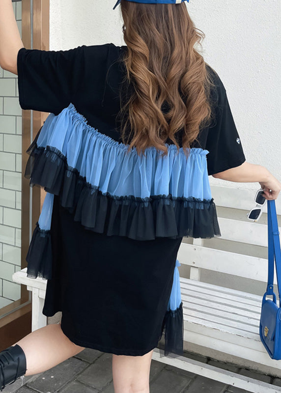 DIY Black O-Neck Wrinkled Tulle Patchwork Vacation Mid Dress Short Sleeve LY6036 - fabuloryshop