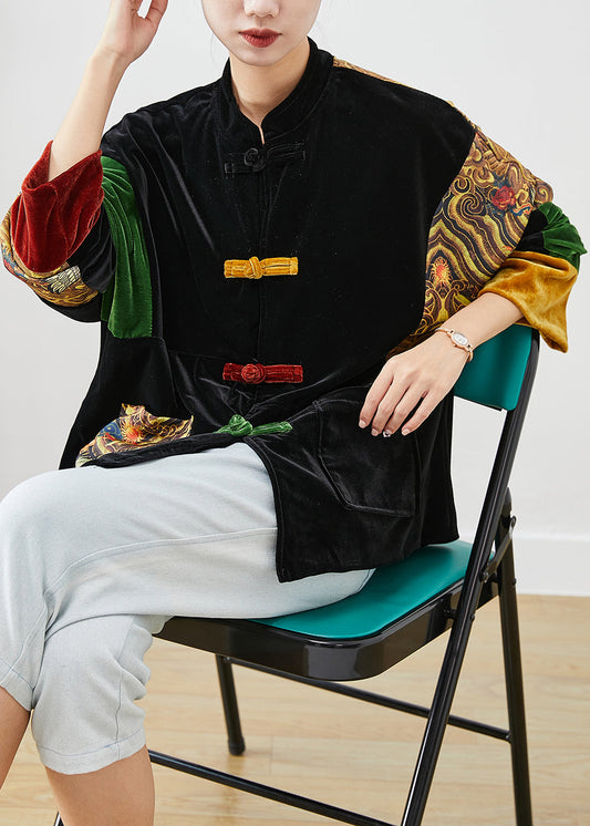 DIY Black Oversized Patchwork Chinese Button Silk Velour Coat Fall Ada Fashion
