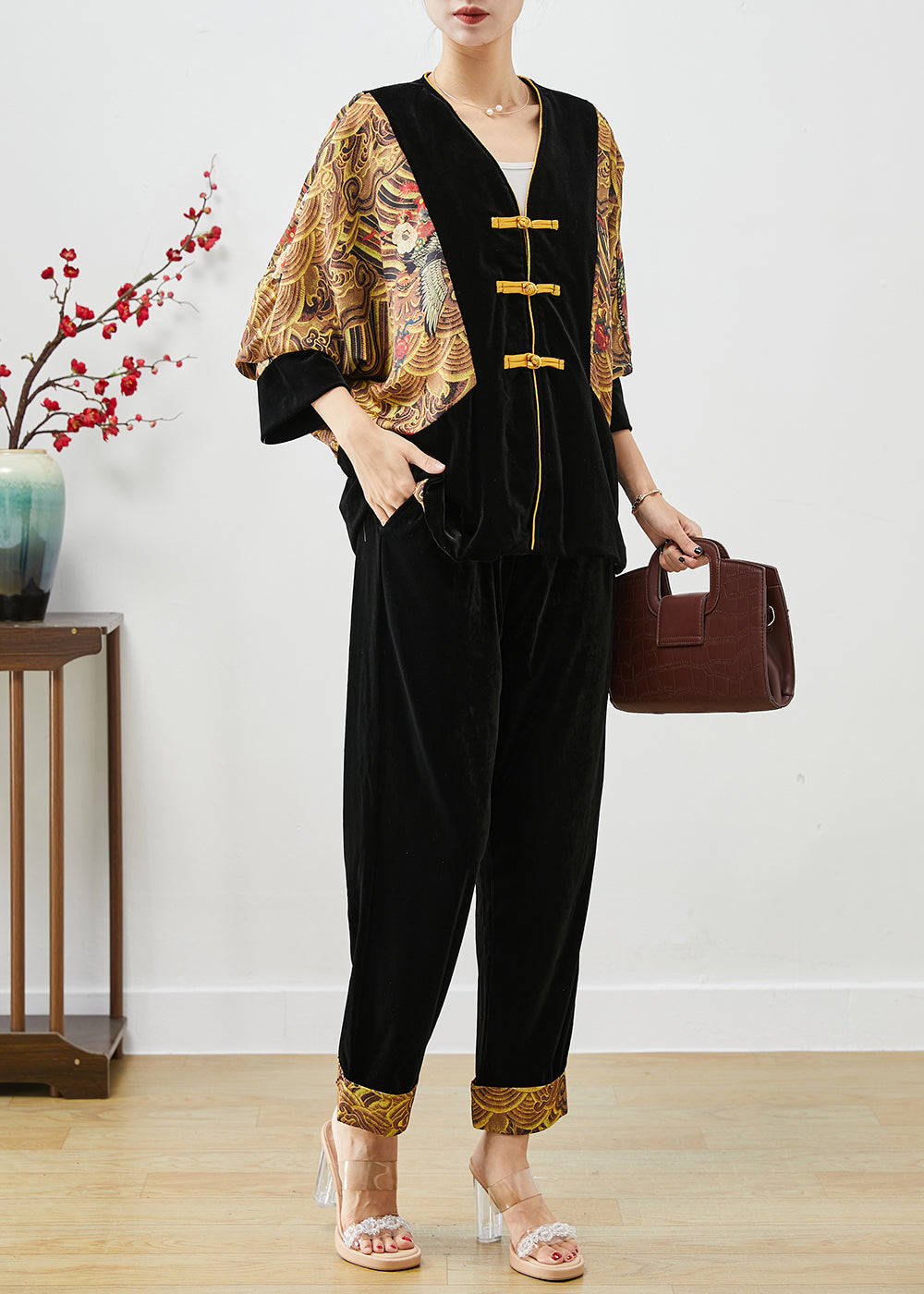 DIY Black Oversized Patchwork Chinese Button Silk Velour Two-Piece Set Fall Ada Fashion