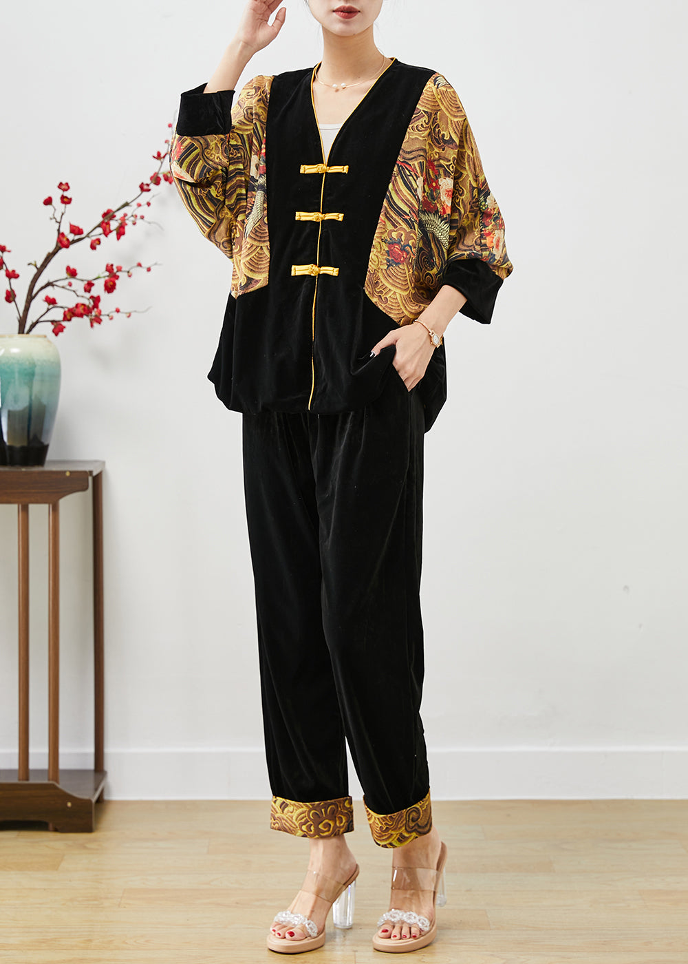 DIY Black Oversized Patchwork Chinese Button Silk Velour Two-Piece Set Fall Ada Fashion