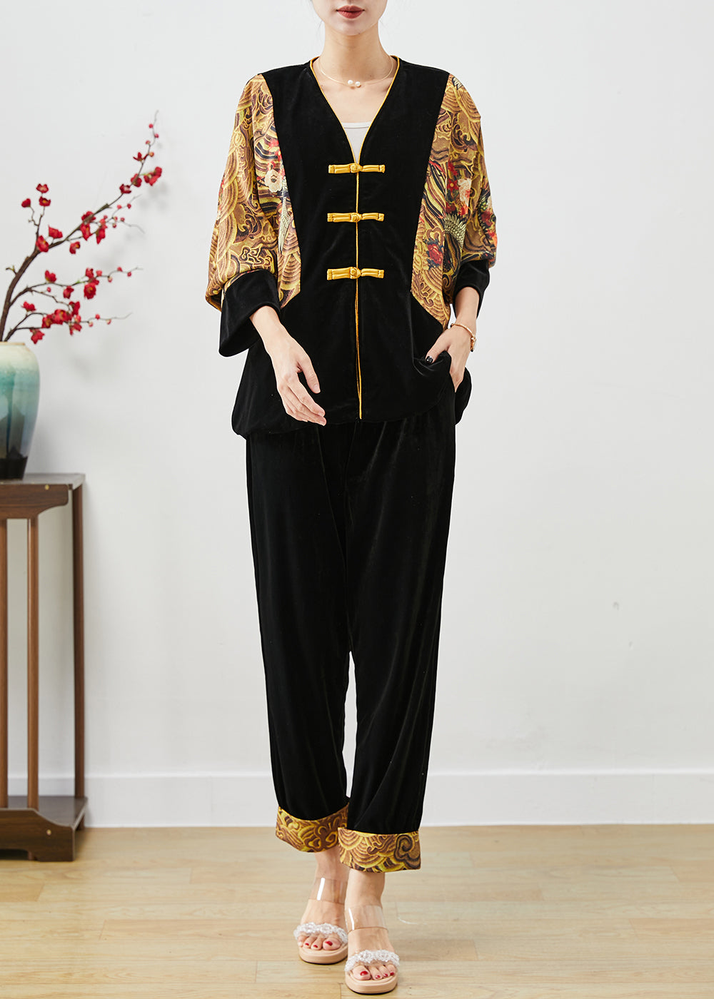 DIY Black Oversized Patchwork Chinese Button Silk Velour Two-Piece Set Fall Ada Fashion