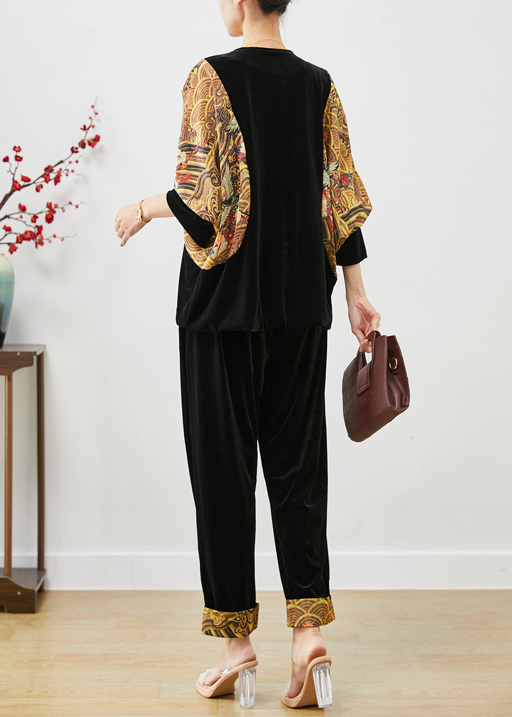 DIY Black Oversized Patchwork Chinese Button Silk Velour Two-Piece Set Fall Ada Fashion