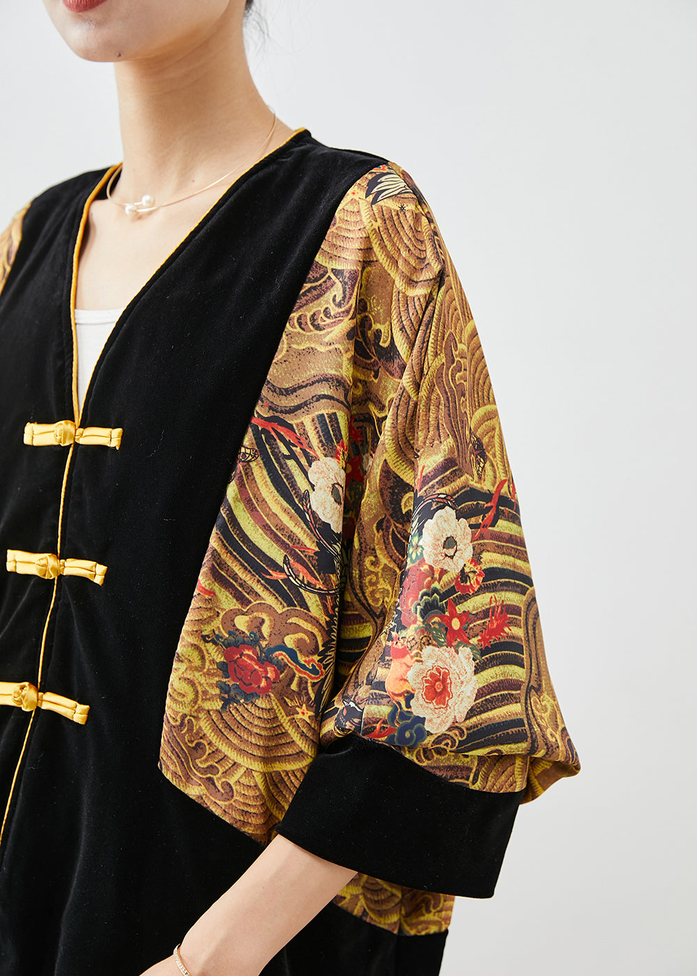 DIY Black Oversized Patchwork Chinese Button Silk Velour Two-Piece Set Fall Ada Fashion