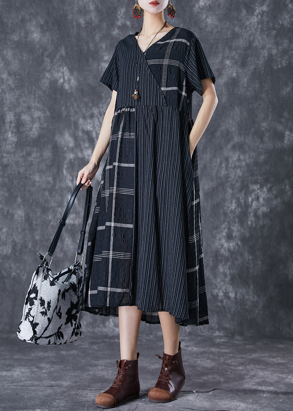 DIY Black Oversized Patchwork Linen Long Dress Summer LY7081 - fabuloryshop