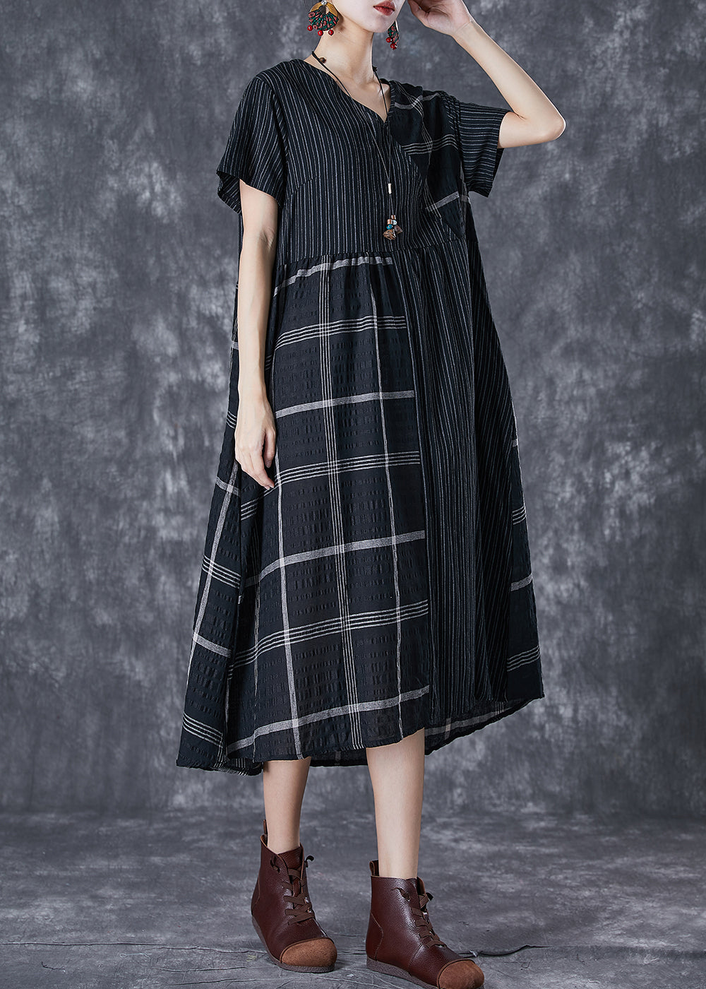 DIY Black Oversized Patchwork Linen Long Dress Summer LY7081 - fabuloryshop