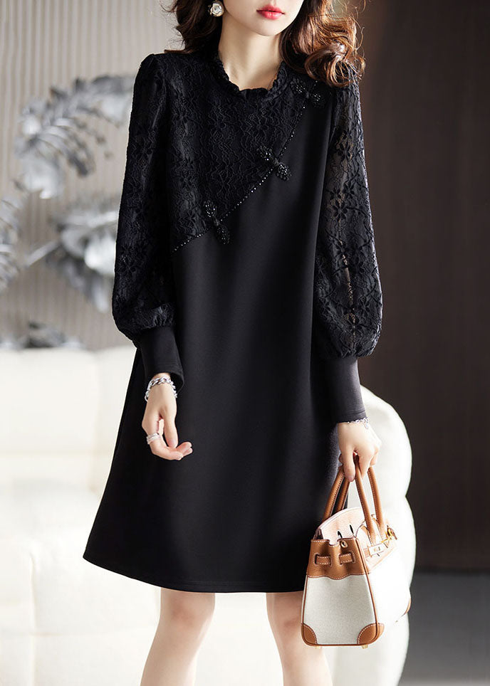 DIY Black Ruffled Lace Patchwork Mid Dresses Long Sleeve Ada Fashion
