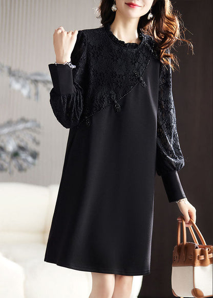 DIY Black Ruffled Lace Patchwork Mid Dresses Long Sleeve Ada Fashion