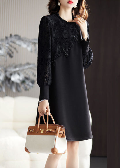 DIY Black Ruffled Lace Patchwork Mid Dresses Long Sleeve Ada Fashion