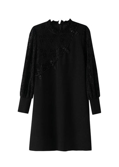 DIY Black Ruffled Lace Patchwork Mid Dresses Long Sleeve Ada Fashion