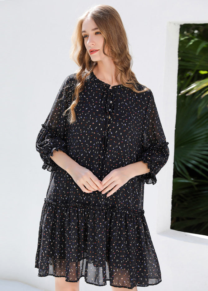 DIY Black Ruffled Print Chiffon Shirt Dresses Bracelet Sleeve LY0266 - fabuloryshop