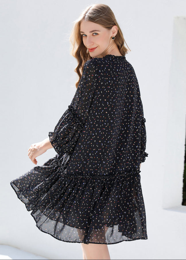 DIY Black Ruffled Print Chiffon Shirt Dresses Bracelet Sleeve LY0266 - fabuloryshop