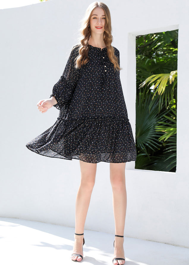 DIY Black Ruffled Print Chiffon Shirt Dresses Bracelet Sleeve LY0266 - fabuloryshop