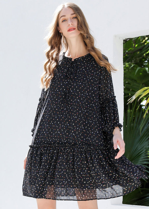 DIY Black Ruffled Print Chiffon Shirt Dresses Bracelet Sleeve LY0266 - fabuloryshop