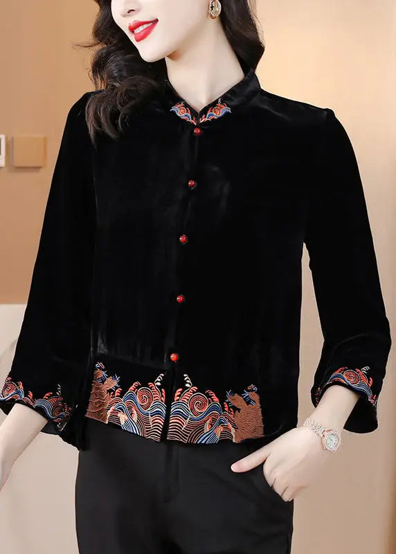 DIY Black Stand Collar Embroideried Silk Velour Coats Fall Ada Fashion